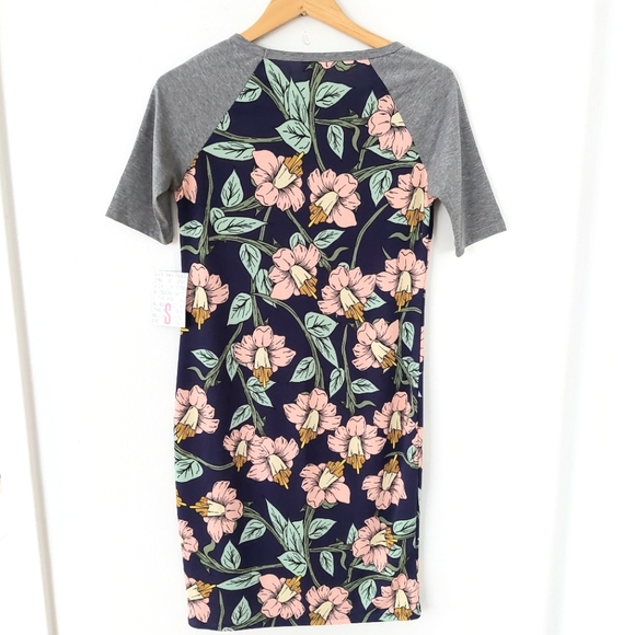 NWT LuLaRoe Julia Dress Navy Floral Gray Sleeves - Size S (4-6) - Picture 3 of 11